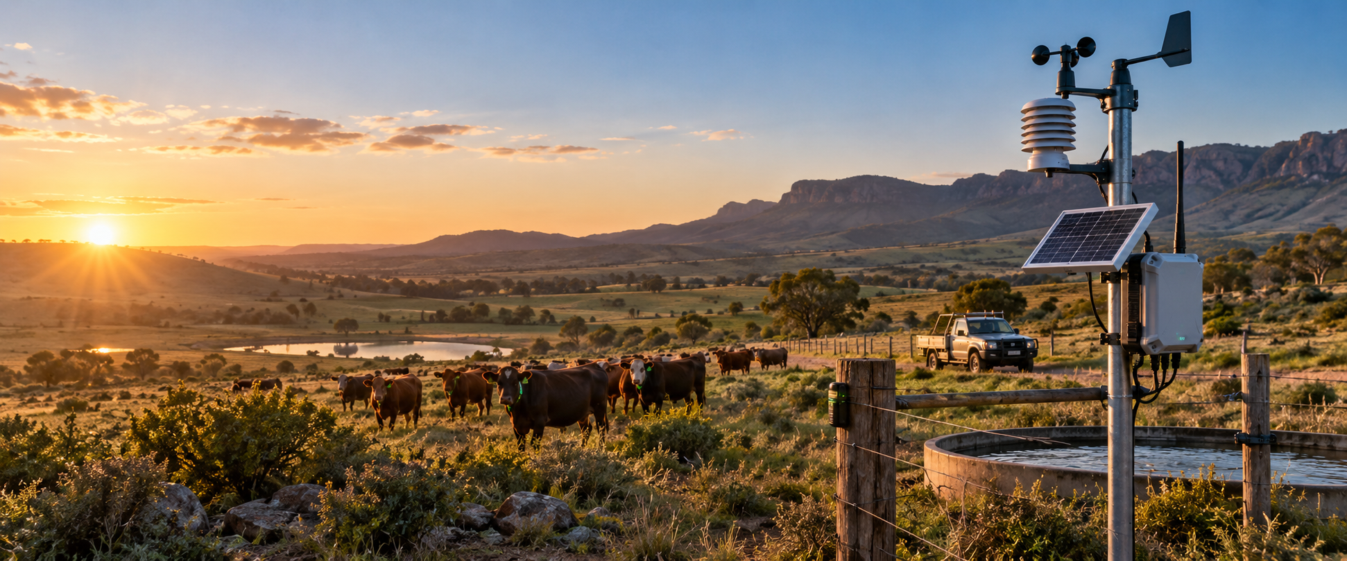 Solar-powered weather station and livestock monitoring equipment deployed in a working cattle field
