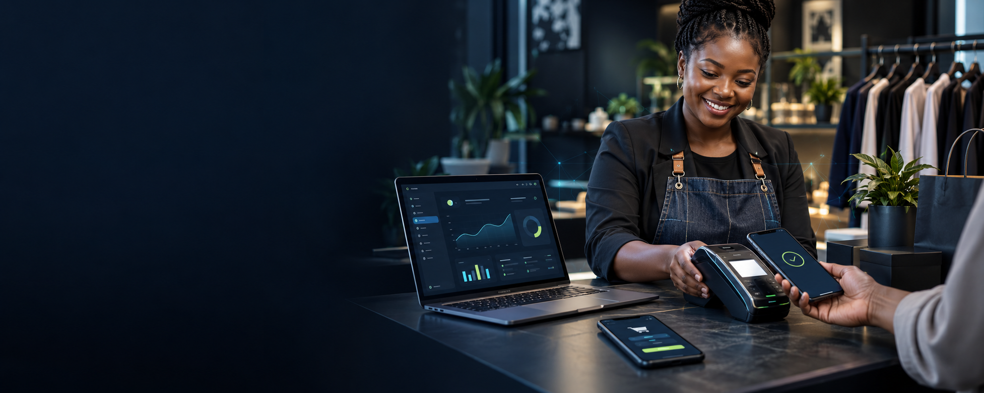 Retailer processing a contactless tap-to-pay transaction alongside a live sales dashboard